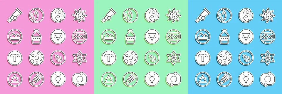 Set line Solar system, Falling star, Pisces zodiac, Eclipse of the sun, Bottle Illustrazione stock
