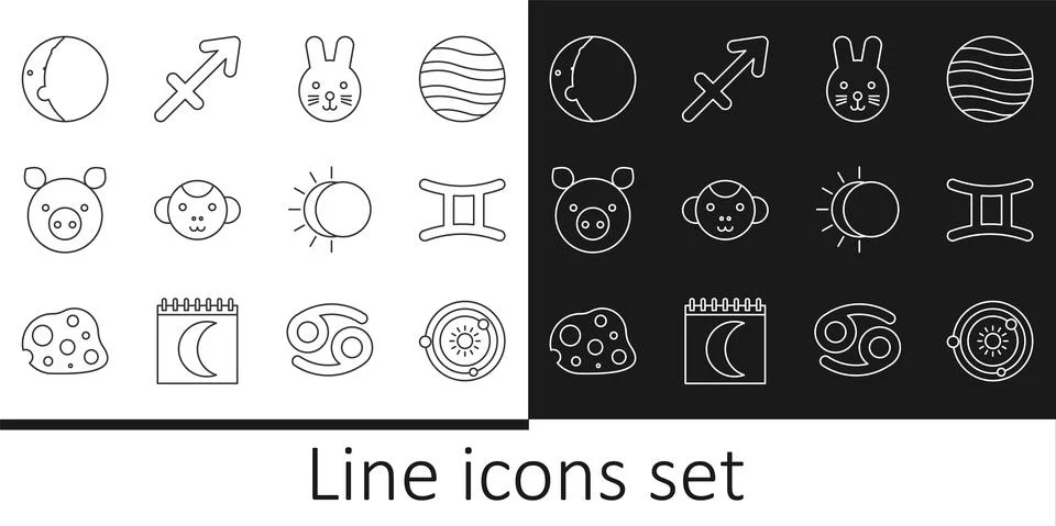 Set line Solar system, Gemini zodiac, Rabbit, Monkey, Pig, Eclipse of the sun 스톡 일러스트