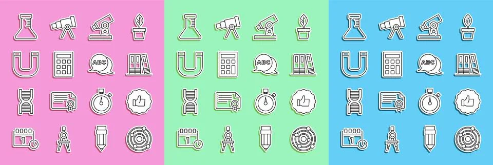 Set line Solar system, Hand thumb up, Office folders, Microscope, Calculator Stockillustratie
