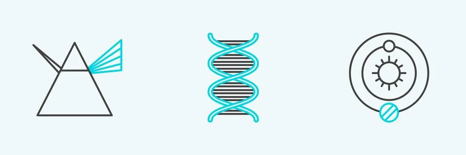 Set line Solar system, Light rays in prism and DNA symbol icon. Vector Illustrazione stock