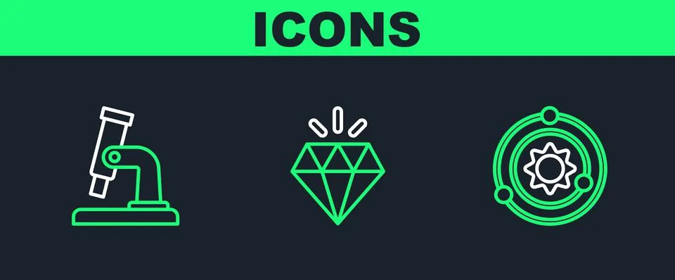 Set line Solar system, Microscope and Diamond icon. Vector Illustrazione stock
