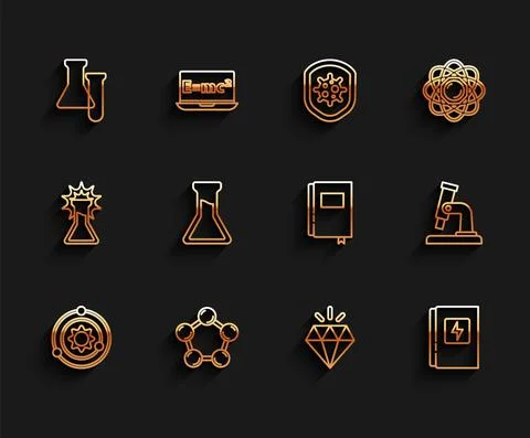 Set line Solar system, Molecule, Test tube and flask, Diamond, Electrical panel Stock-Illustration