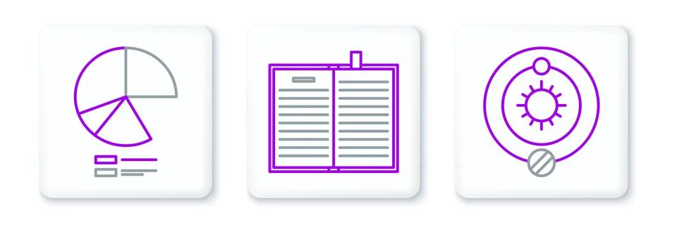 Set line Solar system, Pie chart infographic and Open science book icon. Vector イラスト素材