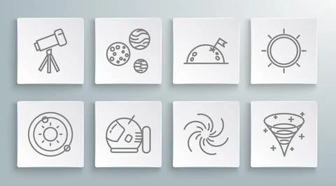 Set line Solar system, Planet, Astronaut helmet, Black hole, with flag, Sun.. Stock Illustration