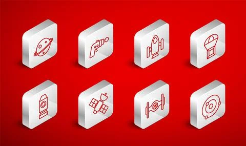 Set line Solar system, Ray gun, Rocket ship, Box flying on parachute, Cosmic 스톡 일러스트