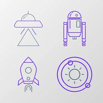 Set line Solar system, Rocket ship with fire, Robot and UFO flying spaceshi.. Stock Illustration