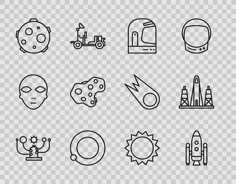 Set line Solar system, Space shuttle and rockets, Astronaut helmet, Satellites Stock Illustration