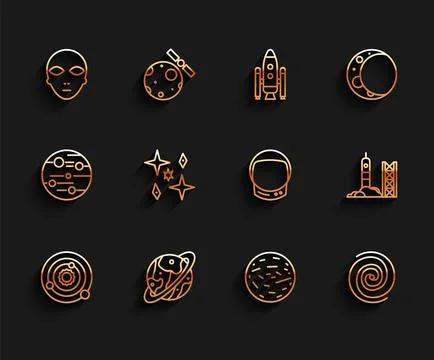 Set line Solar system, Space capsule and parachute, Alien, Planet Mars, Black Stock Illustration