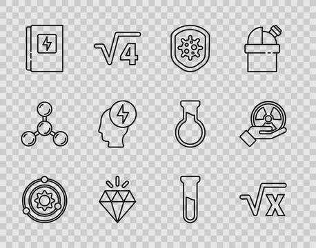Set line Solar system, Square root of x glyph, Shield protecting from virus Stock Illustration