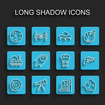 Set line Solar system, Telescope, Planet Mars, Astronaut helmet, Asteroid, Comet 库存插图