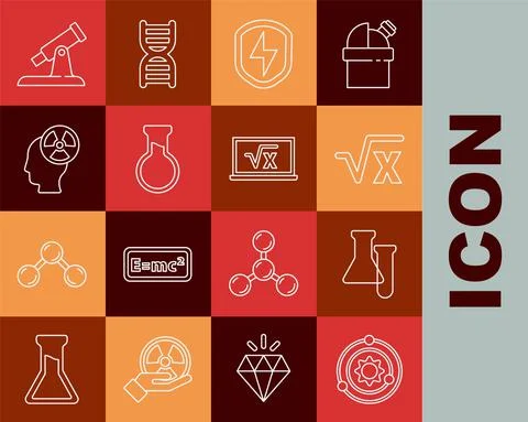 Set line Solar system, Test tube and flask, Square root of x glyph, Secure Stock Illustration