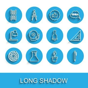 Set line Solar system, Test tube and flask, DNA symbol, Plant in pot, Pen Stock Illustration