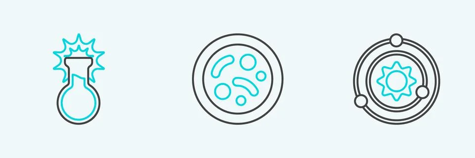 Set line Solar system, Test tube and flask and Bacteria icon. Vector Stock Illustration