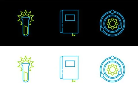 Set line Solar system, Test tube and flask and Book icon. Vector Stock Illustration