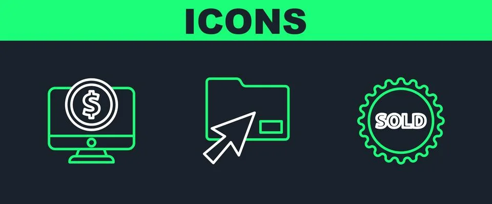 Set line Sold label, Computer monitor with dollar and Cursor click document 스톡 일러스트