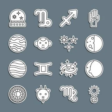 Set line Solstice, Eclipse of the sun, Sagittarius zodiac, Monkey, Planet Venus Stock Illustration