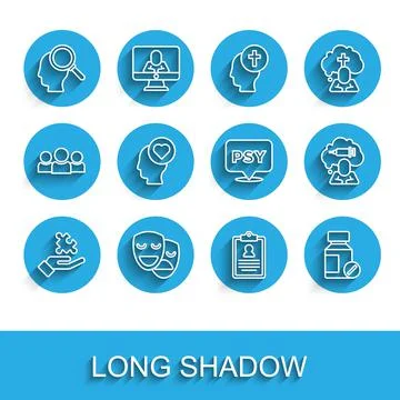 Set line Solution to the problem, Comedy and tragedy masks, Finding, Medical  Illustrazione stock