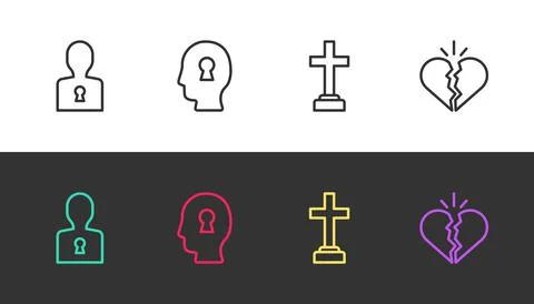 Set line Solution to the problem, , Graves funeral sorrow and Broken heart Illustrazione stock