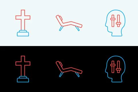 Set line Solution to the problem, Graves funeral sorrow and Armchair icon. .. Illustrazione stock