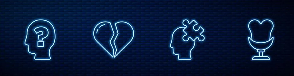 Set line Solution to the problem, Head with question mark, Broken heart or Stock Illustration