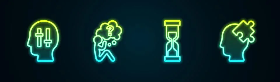 Set line Solution to the problem, Head with question mark, Old hourglass and Stockillustratie