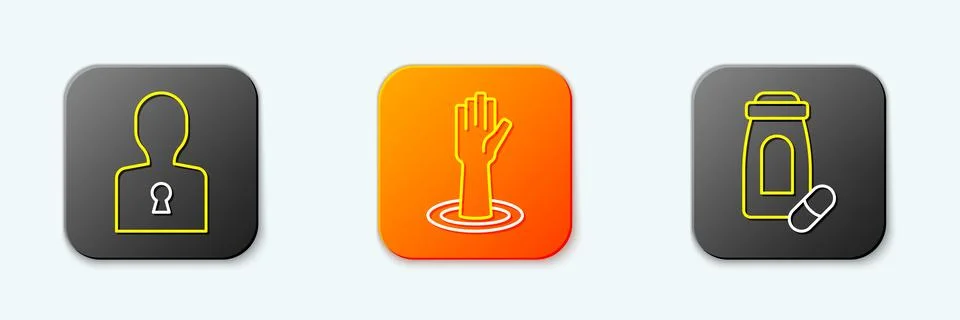 Set line Solution to the problem, Helping hand and Sedative pills icon. Vecto Illustrazione stock