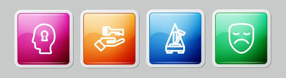 Set line Solution to the problem, , Metronome with pendulum and Drama theatrical Stock Illustration