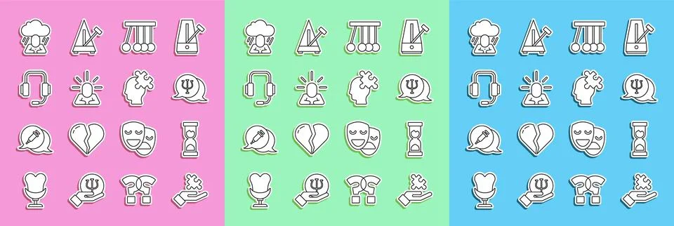 Set line Solution to the problem, Old hourglass, Psychology, Psi, Pendulum Stock Illustration