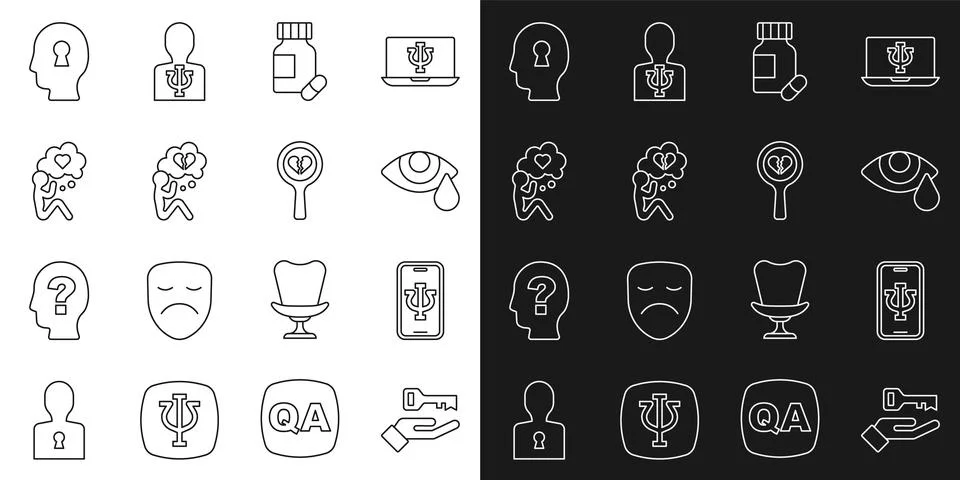 Set line Solution to the problem, Psychologist online, Tear cry eye, Sedative Stock Illustration