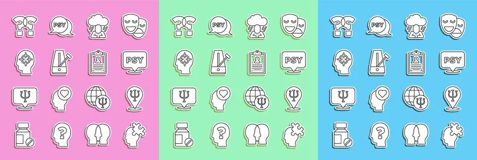 Set line Solution to the problem, Psychology, Psi, Depression, Metronome with 스톡 일러스트