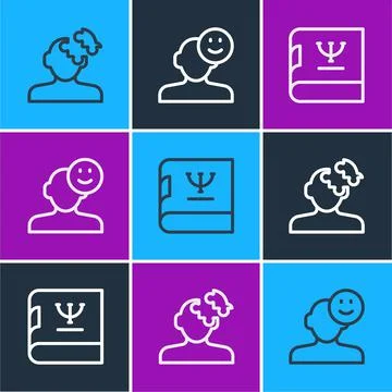 Set line Solution problem in psychology, Psychology book and Good mood icon Illustrazione stock