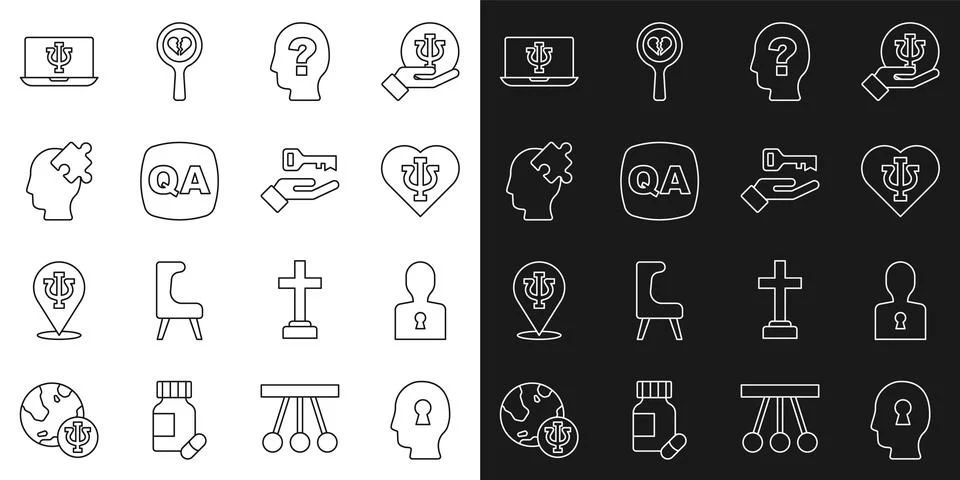 Set line Solution to the problem, Psychology, Psi, Head with question mark Illustrazione stock