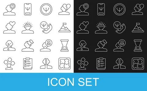 Set line Solution problem in psychology, Old hourglass, Mountains with flag top Stock Illustration