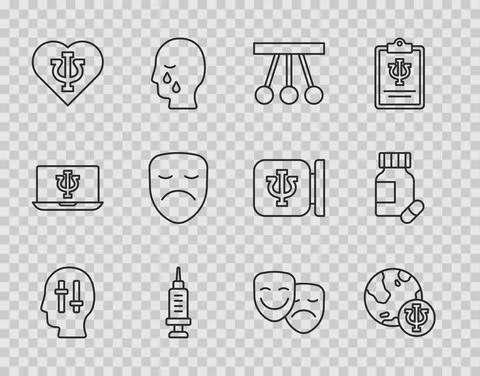 Set line Solution to the problem, Psychology, Psi, Pendulum, Addiction drug Stock Illustration