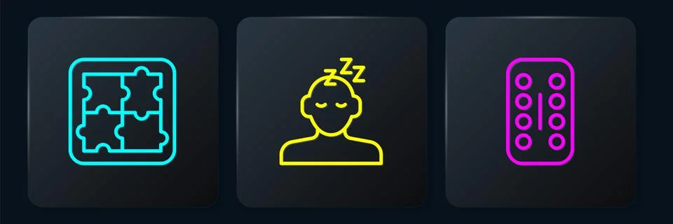 Set line Solution problem in psychology, Sedative pills and Dreams. Black square Stock Illustration