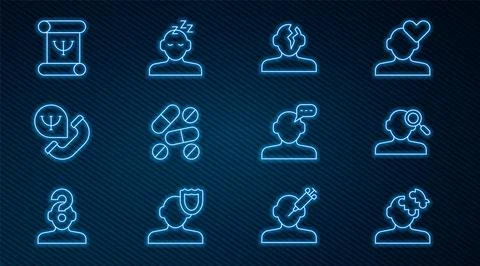 Set line Solution problem in psychology, Finding a, Medicine pill or tablet,  Illustrazione stock