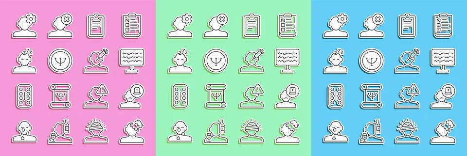 Set line Solution problem in psychology, Male doctor, Encephalogram Illustrazione stock