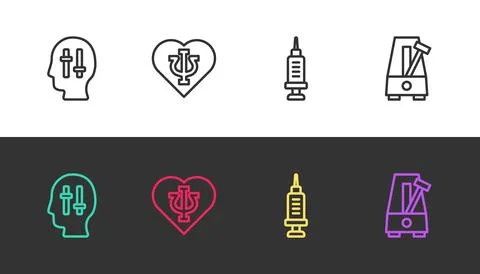 Set line Solution to the problem, Psychology, Psi, Addiction drug and Metronome Illustrazione stock