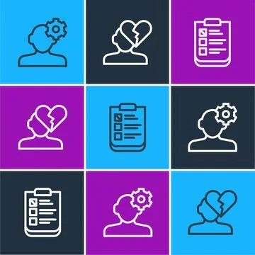 Set line Solution problem in psychology, Psychological test and Broken heart or Stock Illustration