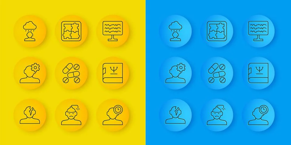 Set line Solution problem in psychology, Medicine pill or tablet, Insomnia,.. Illustrazione stock