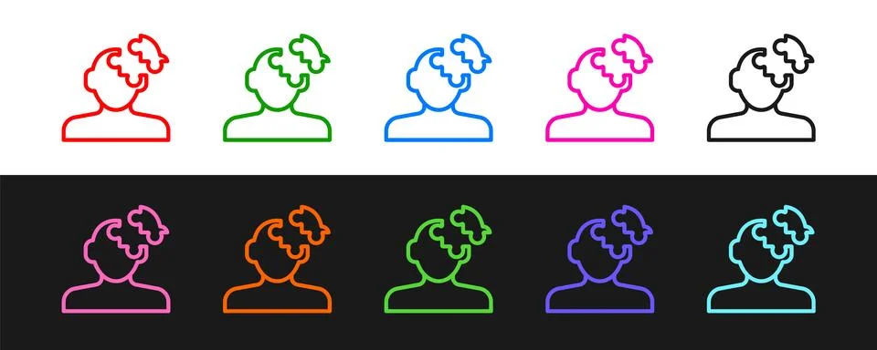 Set line Solution to the problem in psychology icon isolated on black and w.. Illustrazione stock