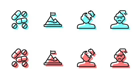 Set line Solution problem in psychology, Medicine pill or tablet, Mountains.. Stock Illustration