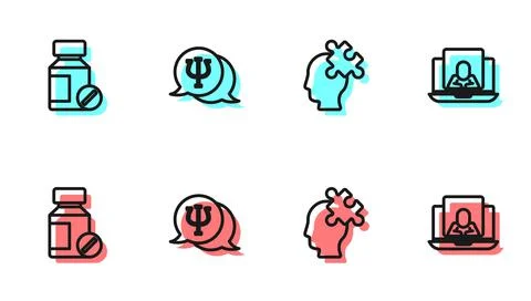 Set line Solution to the problem, Sedative pills, Psychology, Psi and Stock Illustration