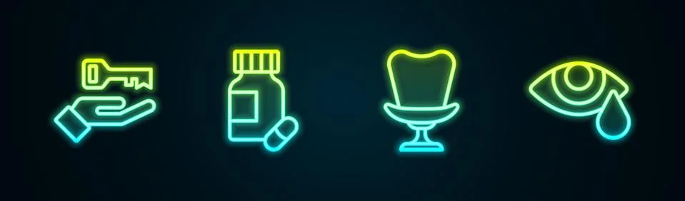 Set line Solution to the problem, Sedative pills, Armchair and Tear cry eye Illustrazione stock