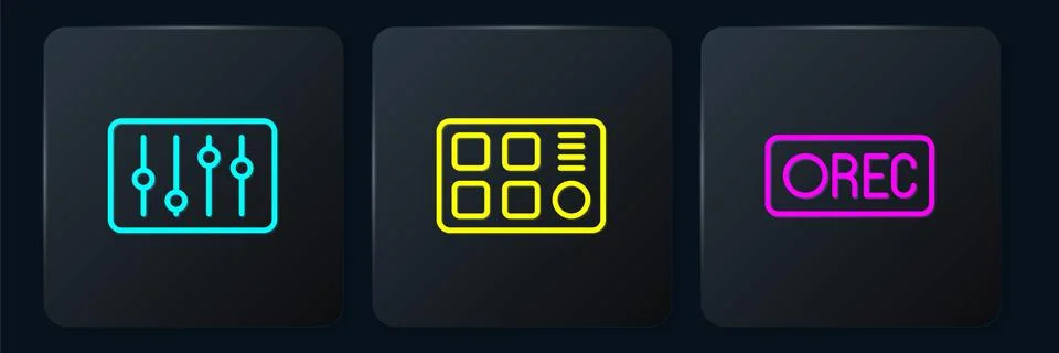 Set line Sound mixer controller, Record button and Drum machine. Black square Stock Illustration