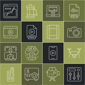 Set line Sound mixer controller, Drone flying, Photo camera, Video recorder Stock Illustration
