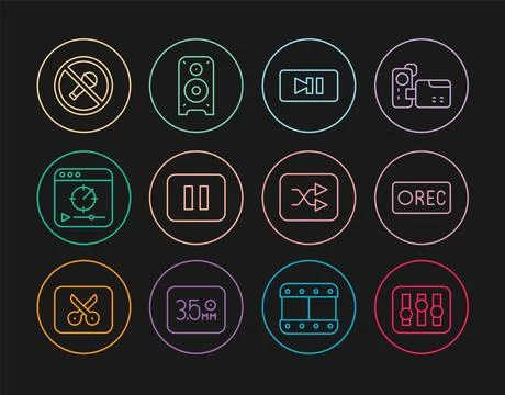 Set line Sound mixer controller, Record button, Pause, Online play video, M.. Stock Illustration