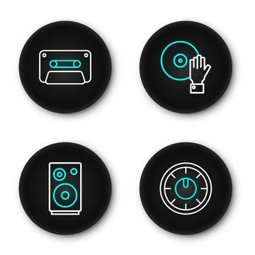 Set line Sound mixer controller, Stereo speaker, DJ playing music and Retro.. Stock Illustration