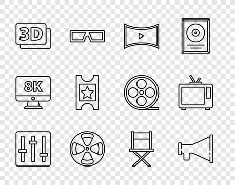Set line Sound mixer controller, Megaphone, Online play video, Film reel, 3.. Illustrazione stock