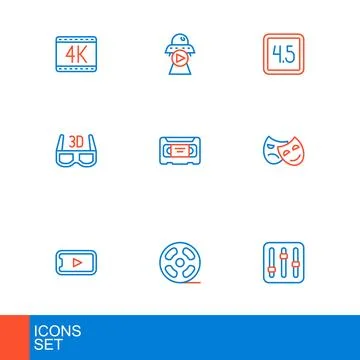 Set line Sound mixer controller, Film reel, Online play video, Comedy and t.. Stock Illustration